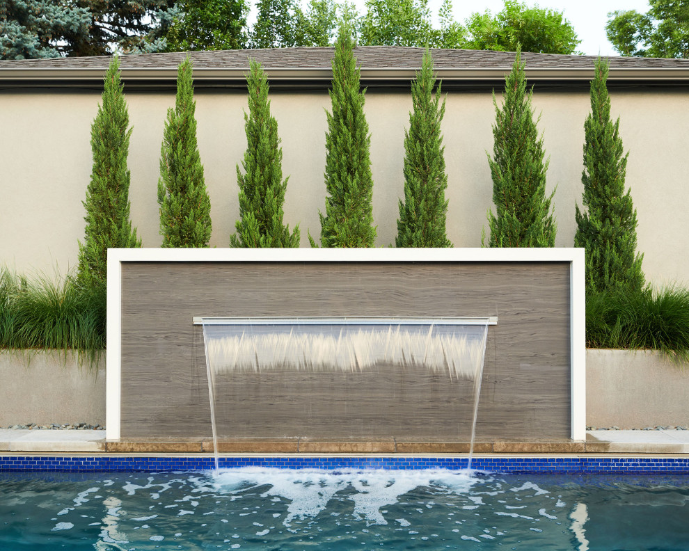 Inspiration för små moderna rektangulär pooler på baksidan av huset, med en fontän