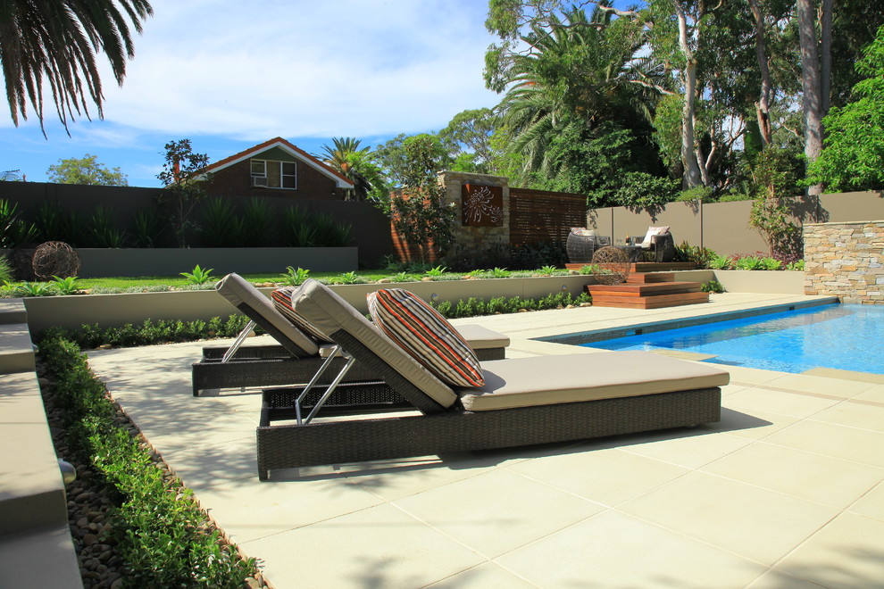 Diseño de piscina contemporánea grande en patio trasero