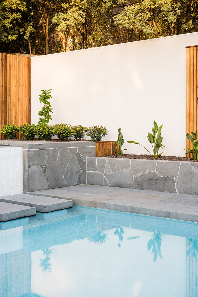 Ejemplo de piscina moderna grande rectangular en patio trasero con adoquines de piedra natural