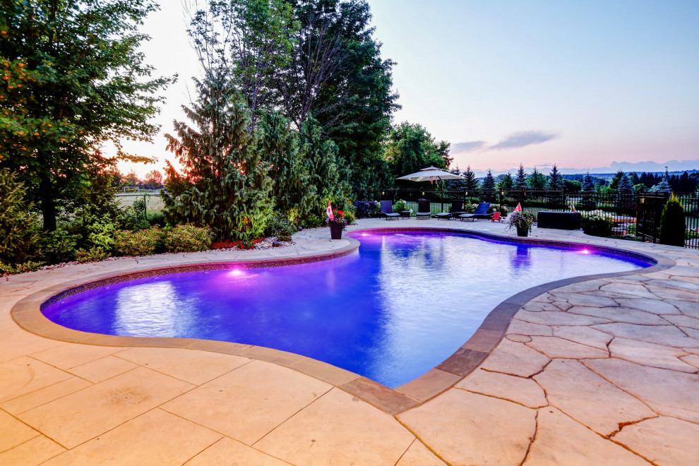 Foto di una grande piscina tradizionale personalizzata dietro casa con cemento stampato