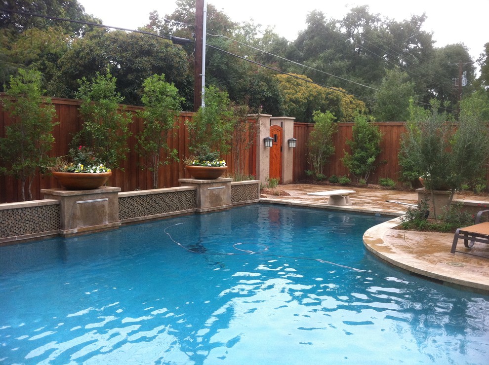 Imagen de piscinas y jacuzzis alargados actuales grandes a medida en patio trasero con adoquines de hormigón