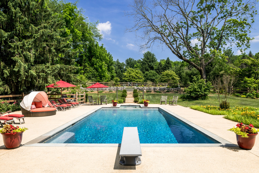 Ejemplo de piscinas y jacuzzis alargados tradicionales grandes rectangulares en patio lateral con suelo de hormigón estampado