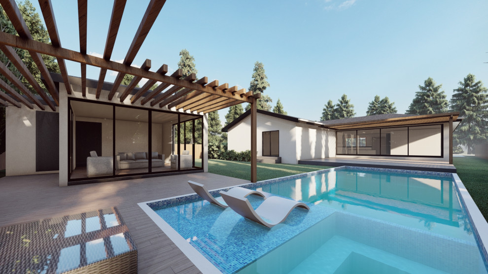 Ejemplo de piscinas y jacuzzis elevados minimalistas rectangulares en patio trasero