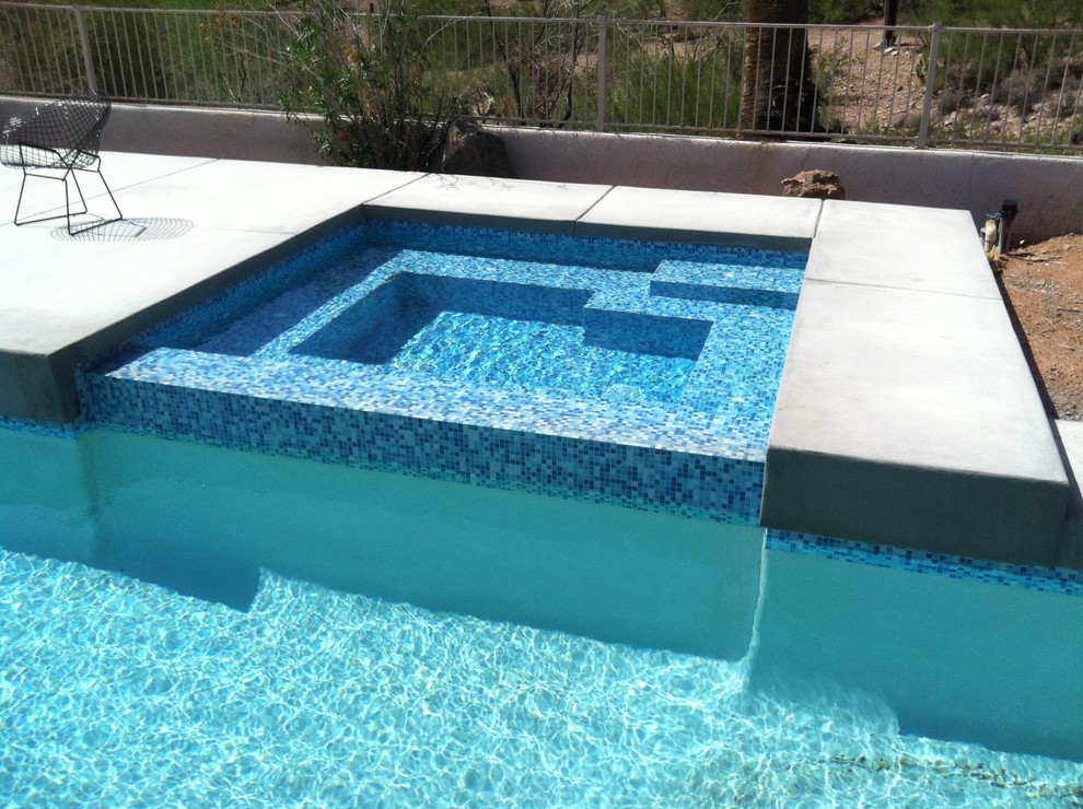 Ejemplo de piscinas y jacuzzis alargados vintage grandes rectangulares en patio trasero con suelo de hormigón estampado