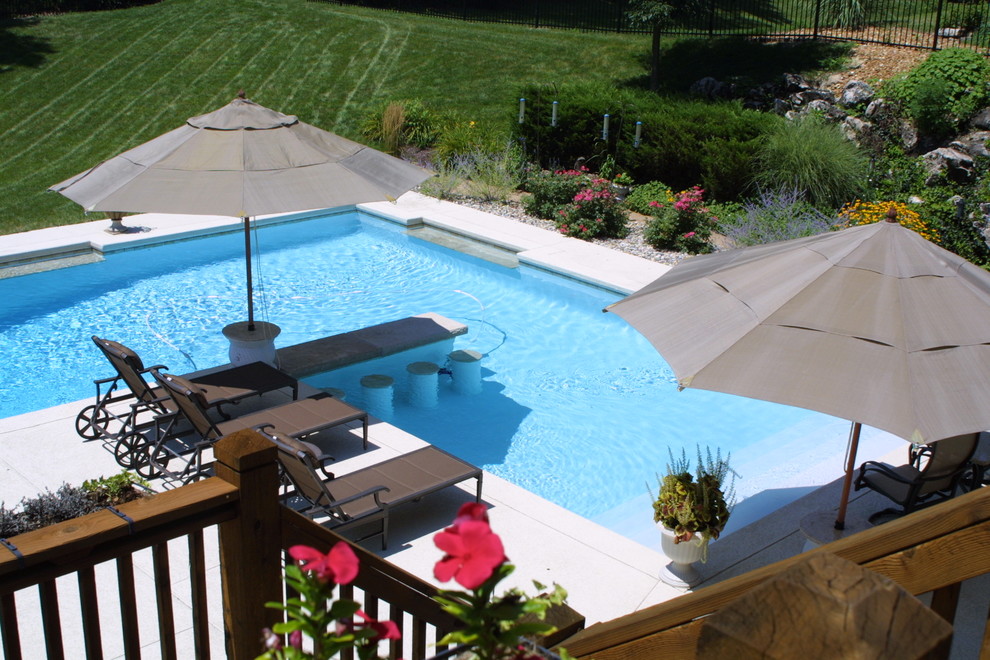 Diseño de piscina alargada tradicional grande en forma de L en patio trasero con suelo de hormigón estampado