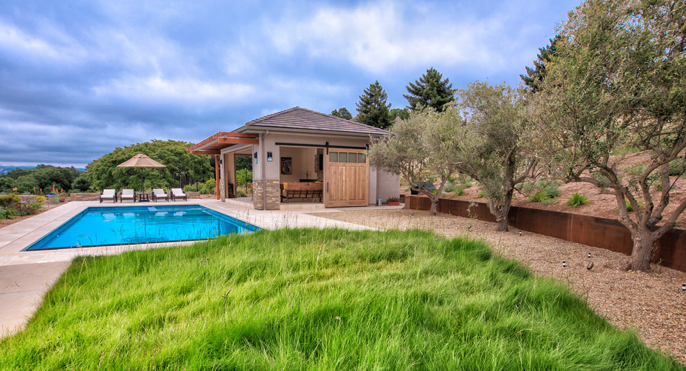 Foto de casa de la piscina y piscina alargada tradicional renovada grande rectangular en patio trasero