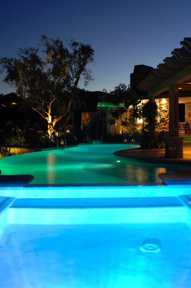 Ejemplo de piscina con tobogán infinita contemporánea grande a medida en patio trasero con adoquines de piedra natural