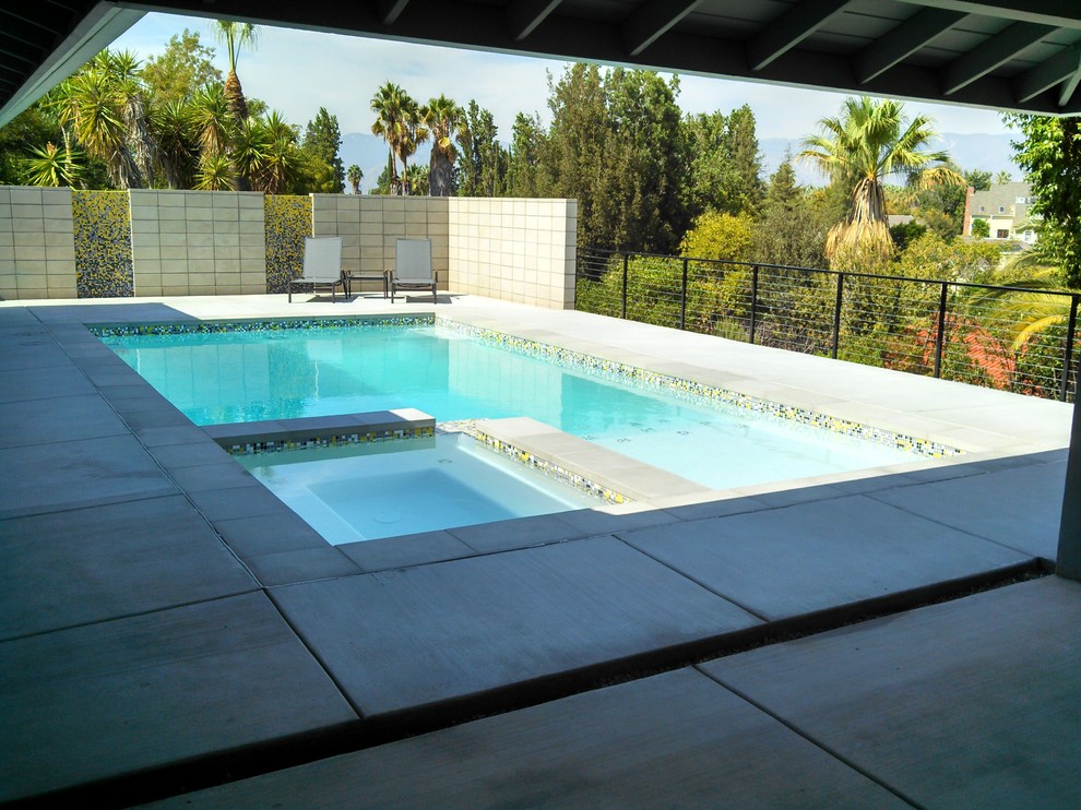 Ispirazione per una grande piscina monocorsia tradizionale rettangolare dietro casa con una vasca idromassaggio e pavimentazioni in cemento