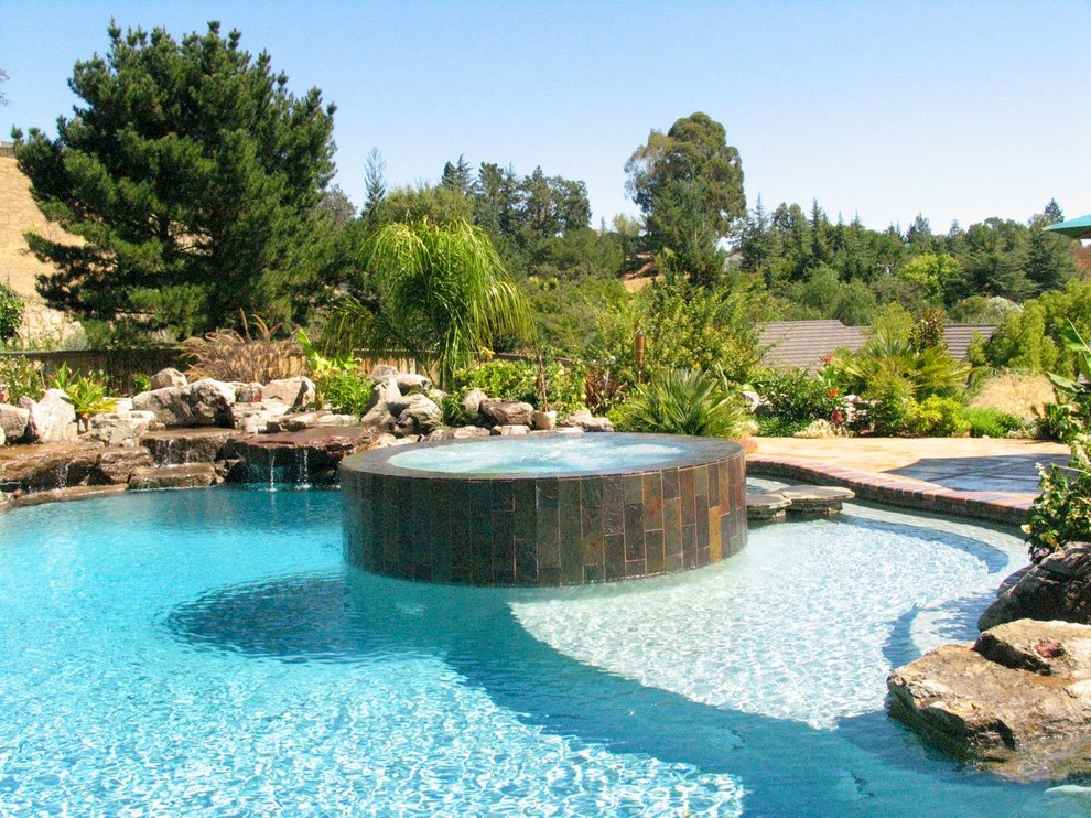Example of a mid-sized trendy backyard stone and custom-shaped lap hot tub design in San Francisco