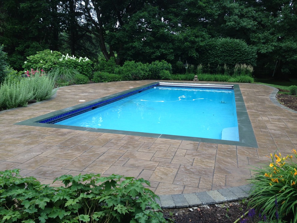 Immagine di una piscina monocorsia classica rettangolare di medie dimensioni e dietro casa con pavimentazioni in cemento