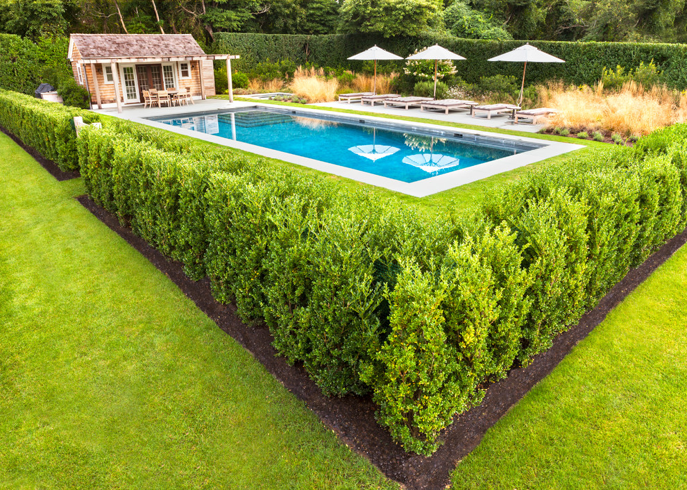 Foto de casa de la piscina y piscina actual grande rectangular en patio lateral con adoquines de hormigón