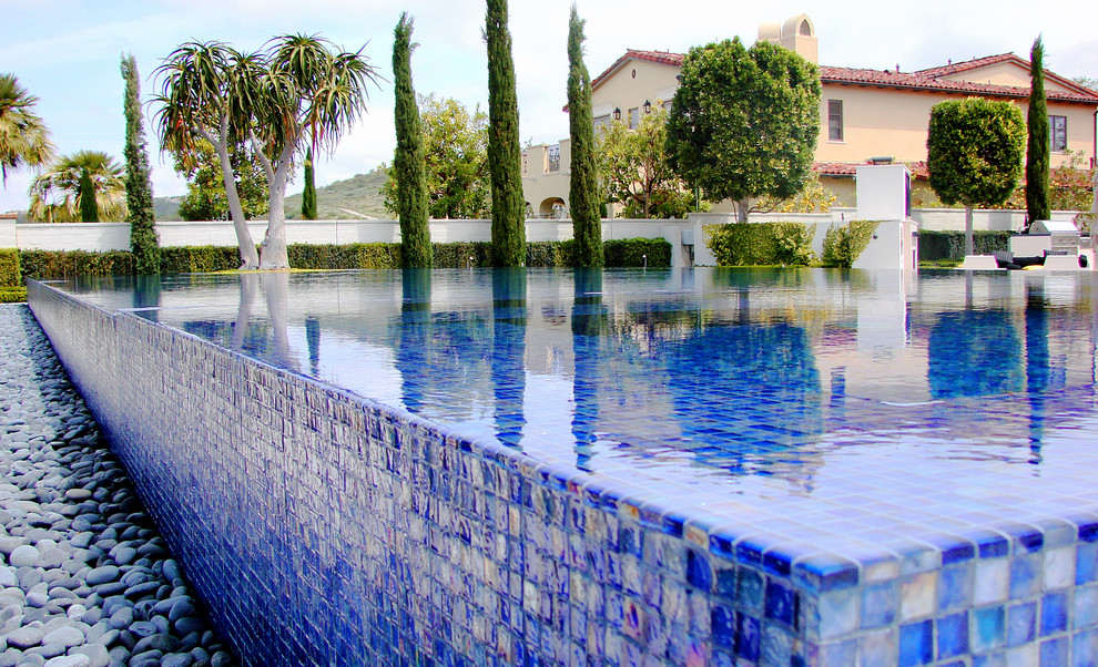 Cette image montre une piscine à débordement design.