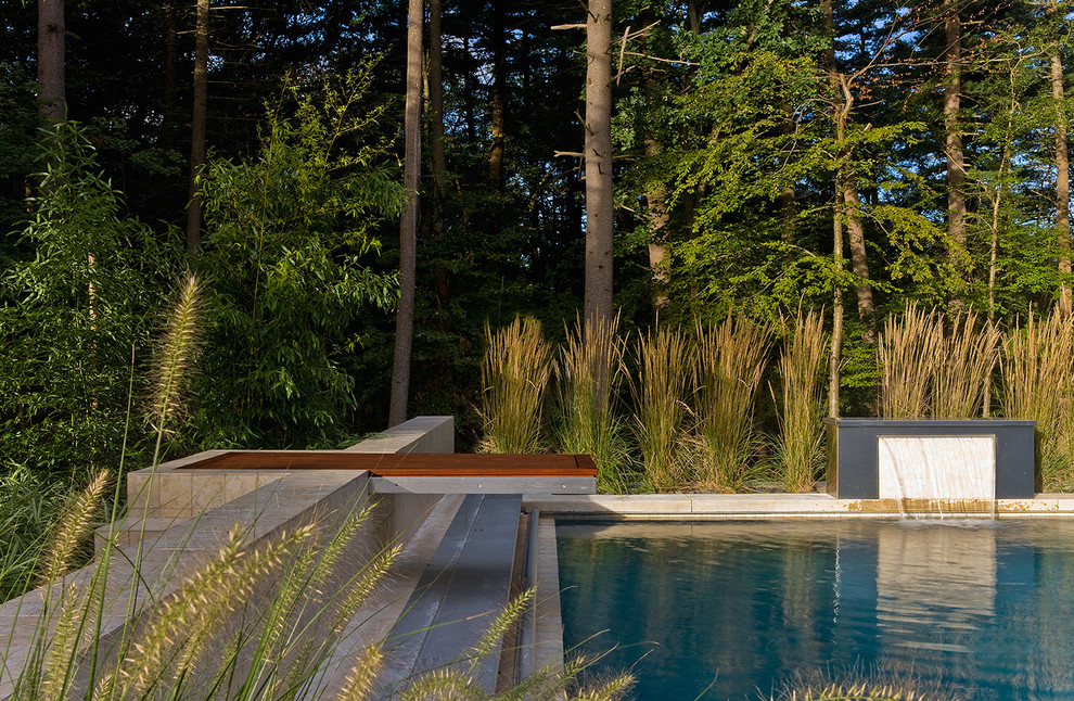 На фото: большой прямоугольный бассейн на заднем дворе в современном стиле с покрытием из бетонных плит и фонтаном