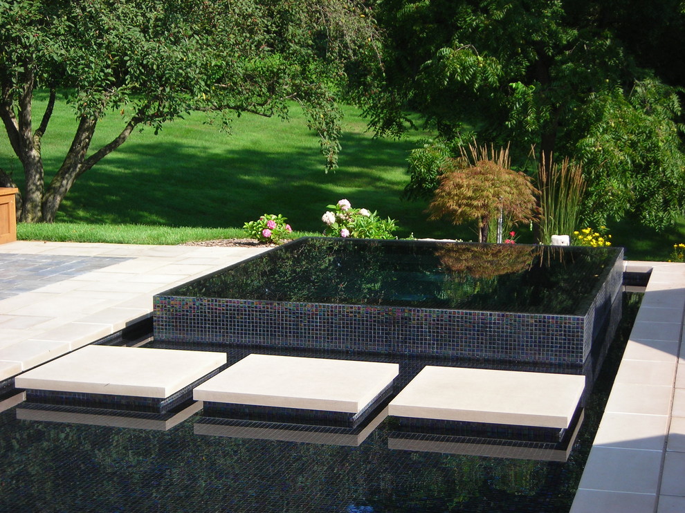 Großer Moderner Pool hinter dem Haus in individueller Form mit Natursteinplatten in Grand Rapids