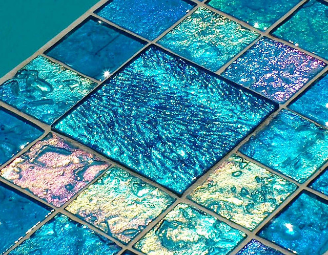 Aqua Glass Tile Pool With Jewel Accents, Turquoise Glass Tile Pool