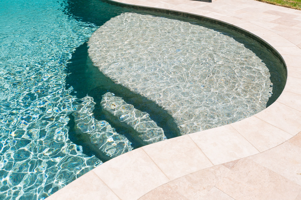 Modelo de casa de la piscina y piscina alargada contemporánea de tamaño medio tipo riñón en patio trasero