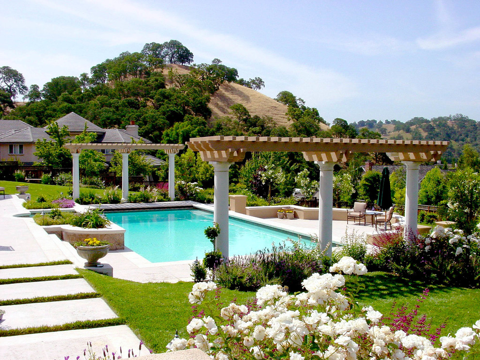 Inspiration for a large classic back rectangular natural swimming pool in San Francisco with stamped concrete.