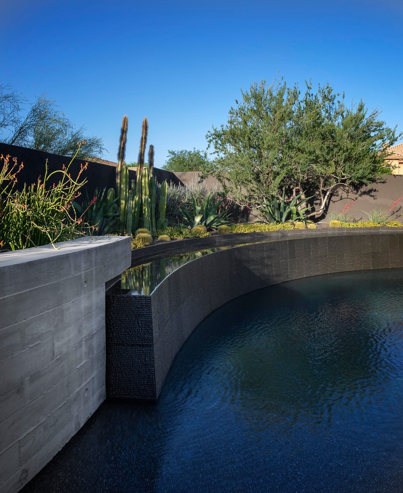 Foto de piscina contemporánea de tamaño medio en patio trasero con adoquines de hormigón