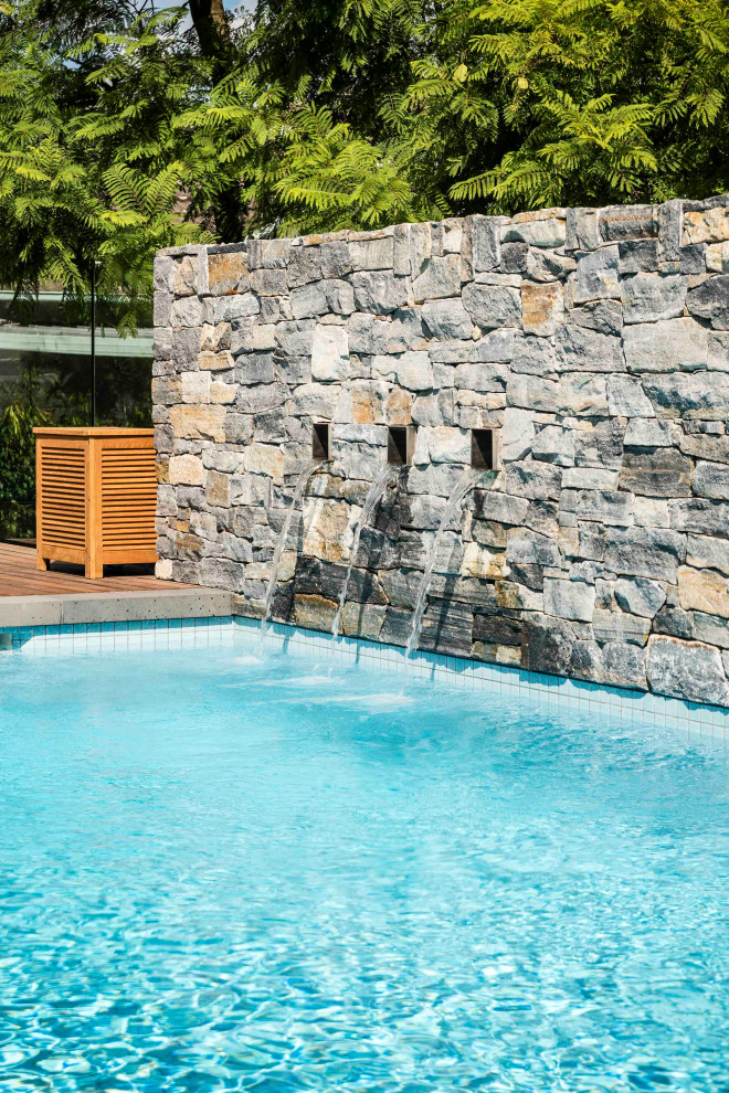Imagen de piscina elevada contemporánea de tamaño medio rectangular en patio trasero con paisajismo de piscina y adoquines de piedra natural