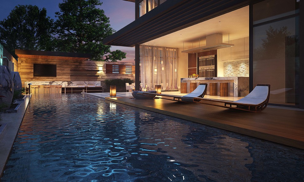 Idee per una grande piscina a sfioro infinito moderna rettangolare dietro casa con piastrelle
