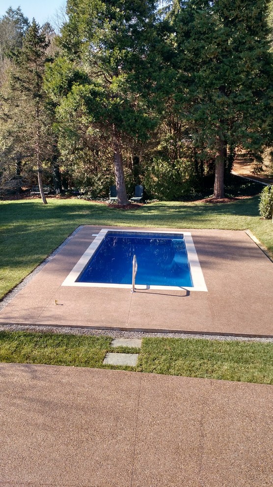 Diseño de piscina alargada clásica grande rectangular en patio trasero con losas de hormigón