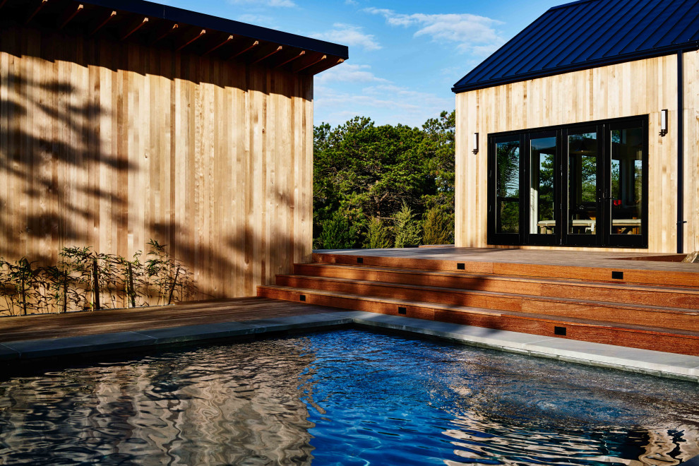 Idee per una grande piscina monocorsia design rettangolare dietro casa con una dépendance a bordo piscina e pedane