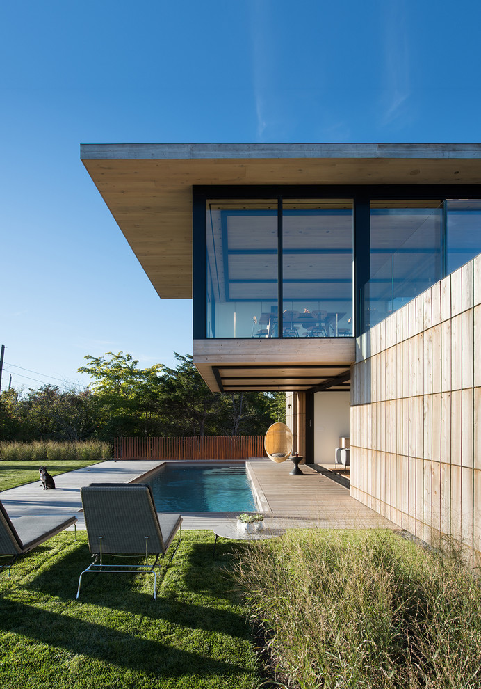 Ispirazione per una piscina minimalista rettangolare davanti casa con pedane