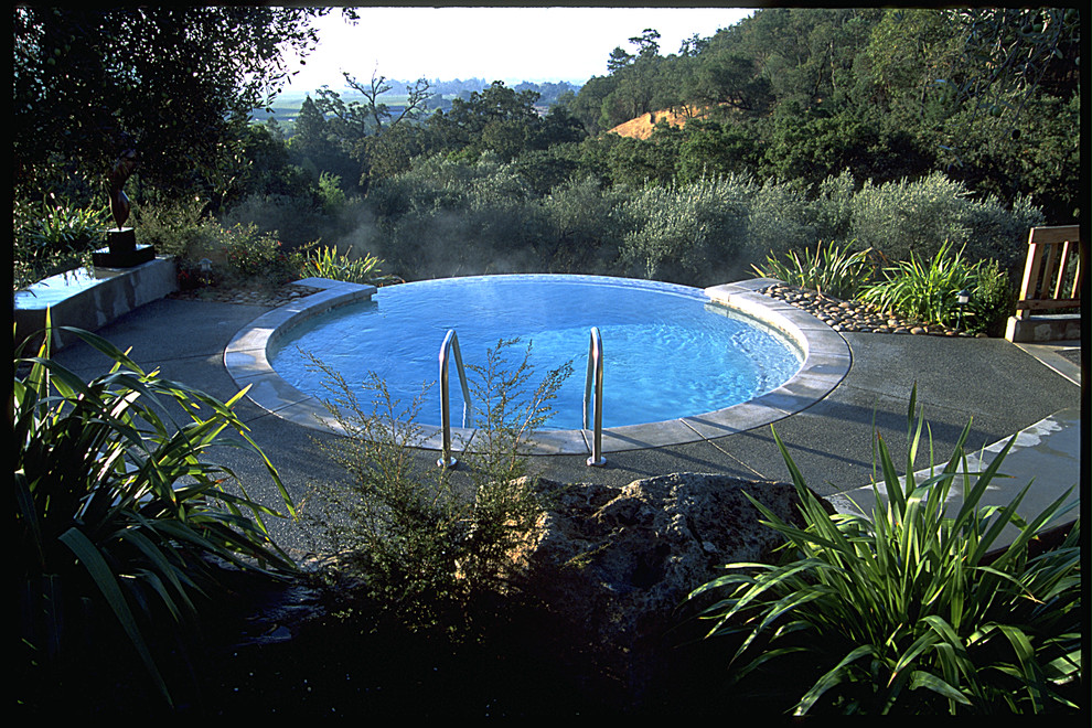 Cette image montre une grande piscine à débordement et arrière méditerranéenne ronde avec un bain bouillonnant.