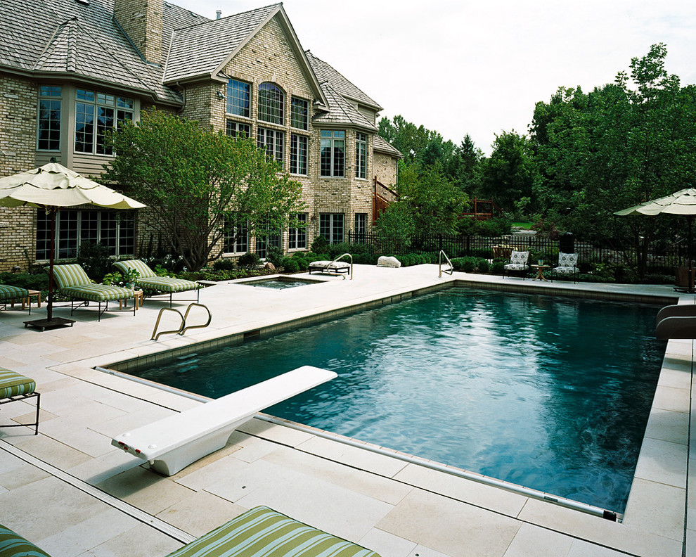 Mittelgroßer Klassischer Schwimmteich hinter dem Haus in rechteckiger Form mit Wasserrutsche und Natursteinplatten in Chicago