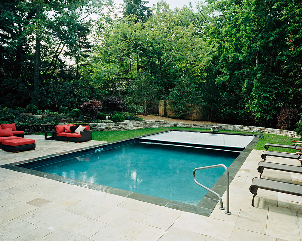 Réalisation d'une piscine naturelle et arrière design de taille moyenne et rectangle avec un bain bouillonnant et des pavés en pierre naturelle.