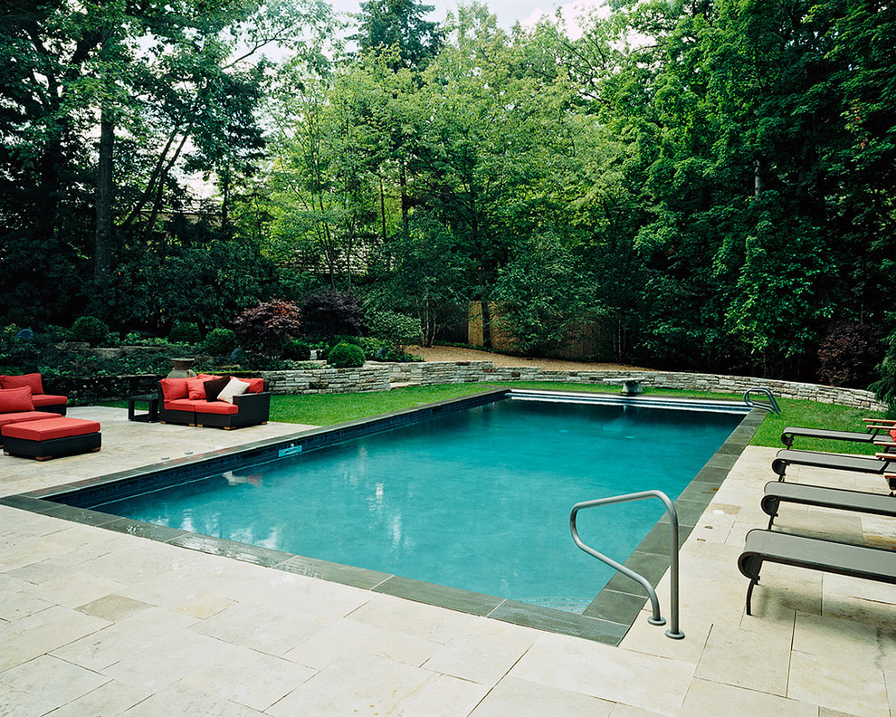 Стильный дизайн: естественный, прямоугольный бассейн среднего размера на заднем дворе в современном стиле с джакузи и покрытием из каменной брусчатки - последний тренд