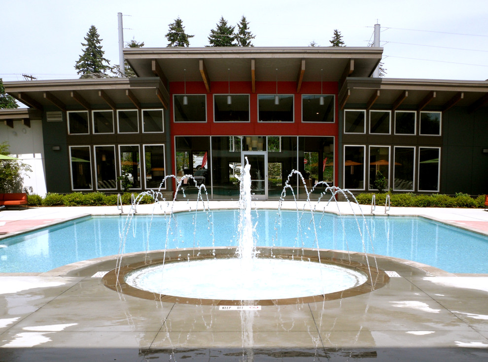 Foto di una grande piscina naturale minimalista rettangolare in cortile con fontane e lastre di cemento