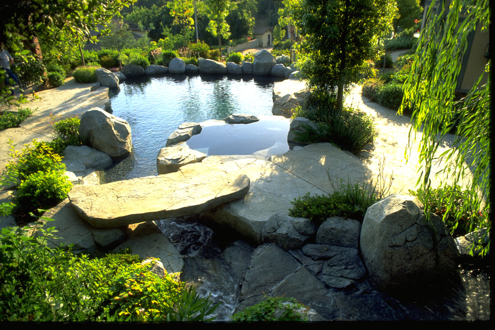 Foto di una piccola piscina naturale chic personalizzata dietro casa con una vasca idromassaggio e pavimentazioni in cemento