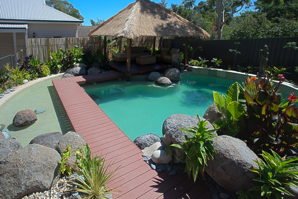 Modelo de piscina natural tropical de tamaño medio redondeada en patio trasero