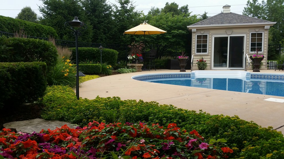 Idéer för en mellanstor klassisk pool på baksidan av huset, med betongplatta och spabad