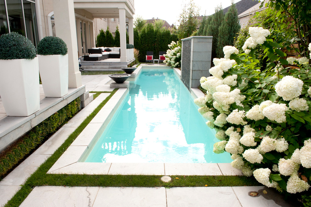 Пример оригинального дизайна: естественный, прямоугольный бассейн на заднем дворе в классическом стиле с фонтаном