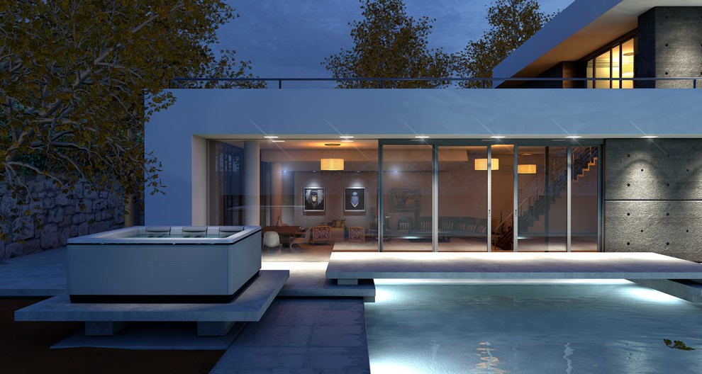 Ispirazione per una grande piscina monocorsia minimalista rettangolare dietro casa con una vasca idromassaggio e lastre di cemento