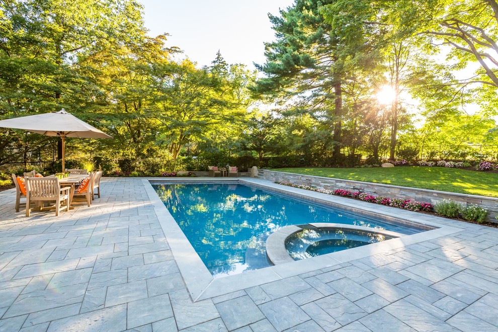 Modelo de piscinas y jacuzzis naturales modernos rectangulares en patio trasero con adoquines de piedra natural