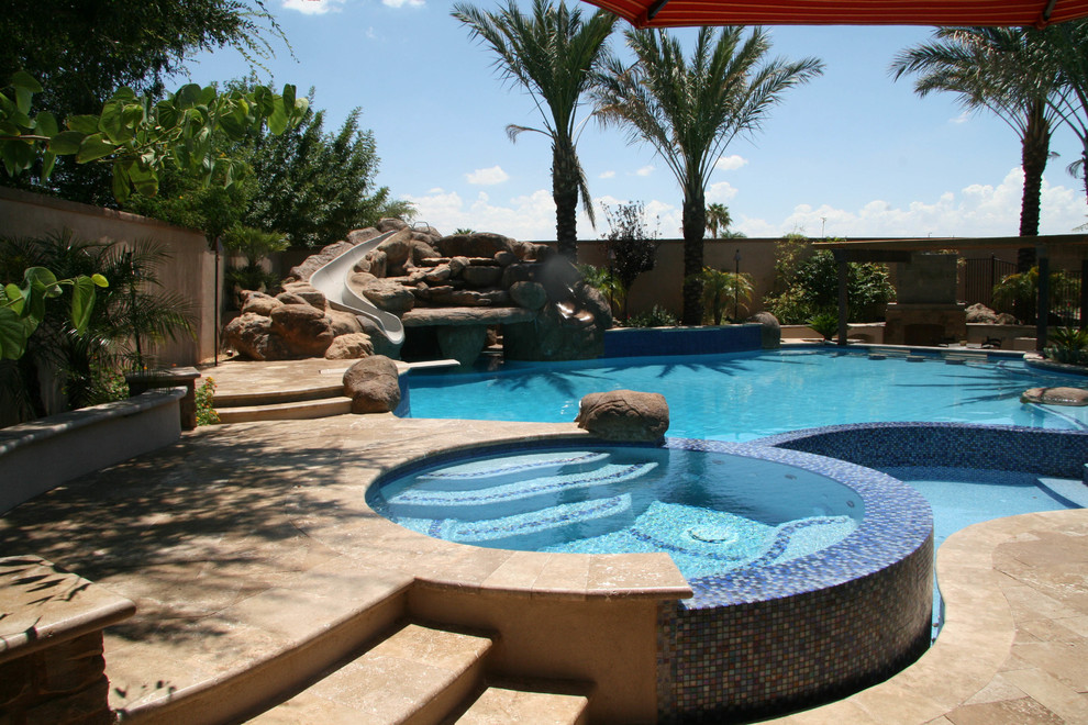 Backyard Oasis Pool, Spa, SwimUp Bar, Grotto, Slides & Water Features Mediterranean Pool