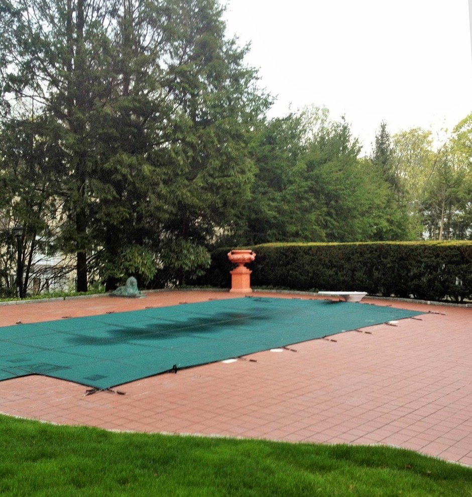 Diseño de piscinas y jacuzzis alargados tradicionales grandes rectangulares en patio trasero con adoquines de hormigón