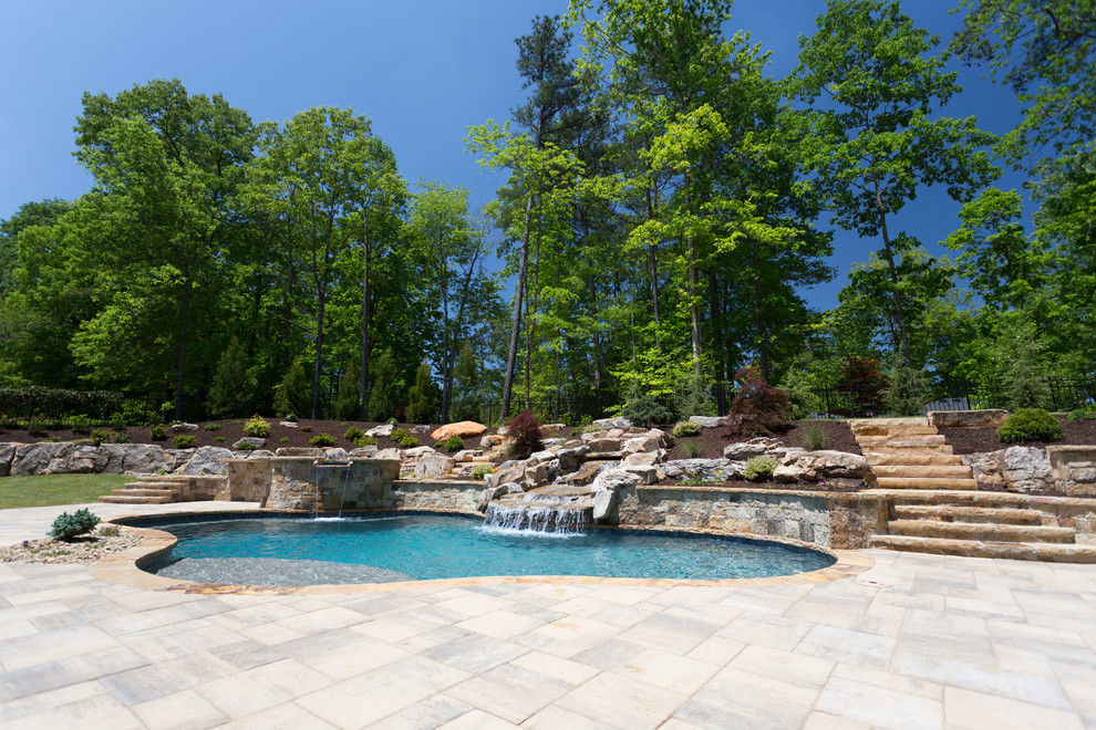 Источник вдохновения для домашнего уюта: естественный бассейн среднего размера, произвольной формы на заднем дворе в классическом стиле с покрытием из каменной брусчатки