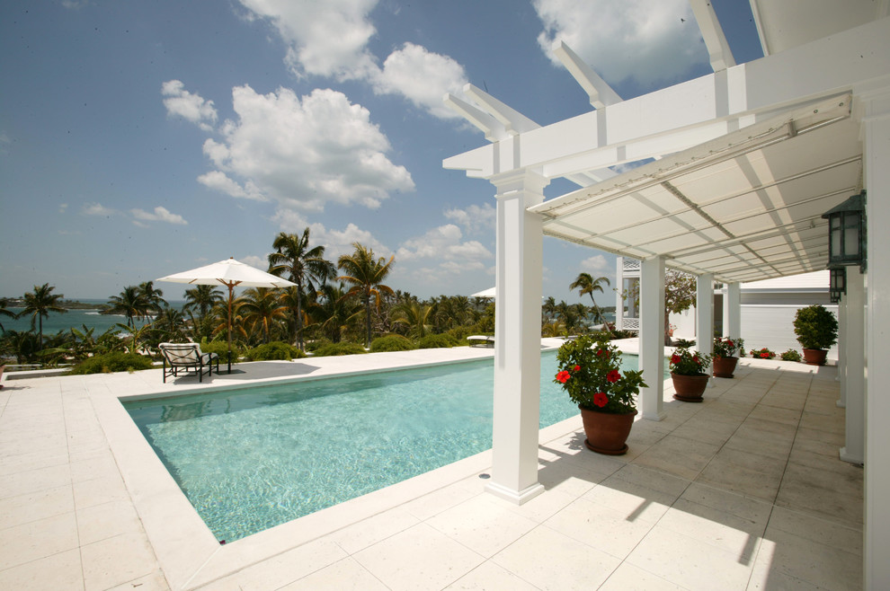 Esempio di una piscina monocorsia tropicale rettangolare di medie dimensioni e dietro casa con una dépendance a bordo piscina e pavimentazioni in cemento