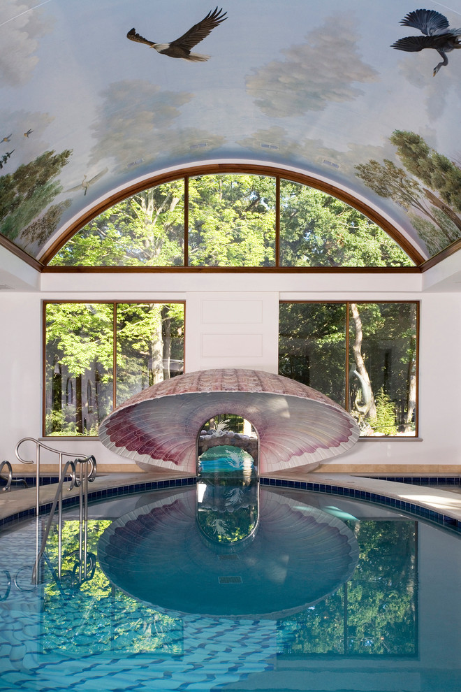 Hot tub - huge mediterranean indoor stone and custom-shaped hot tub idea in Chicago