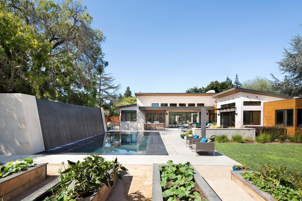 На фото: прямоугольный бассейн на заднем дворе в современном стиле с фонтаном