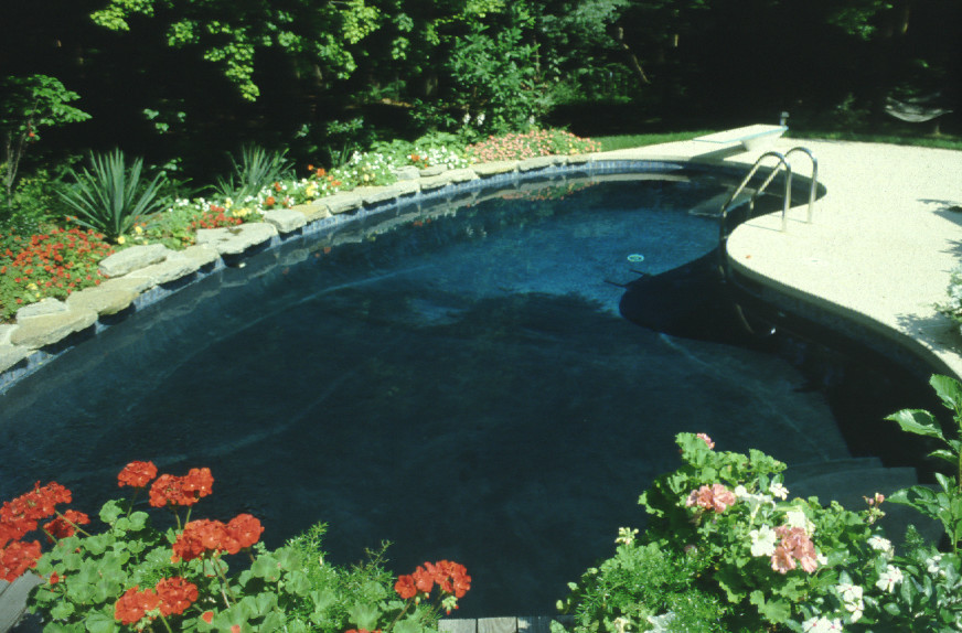 Mittelgroßer Moderner Schwimmteich hinter dem Haus in individueller Form mit Natursteinplatten in Cincinnati