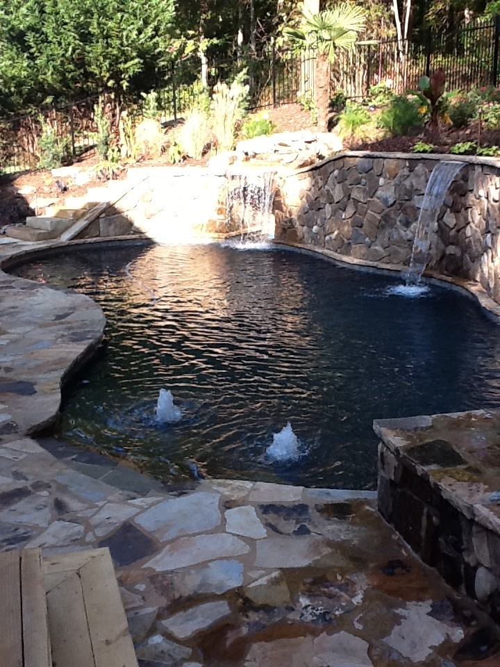 Foto di una piscina naturale classica a "C" di medie dimensioni e dietro casa con una vasca idromassaggio e pavimentazioni in pietra naturale