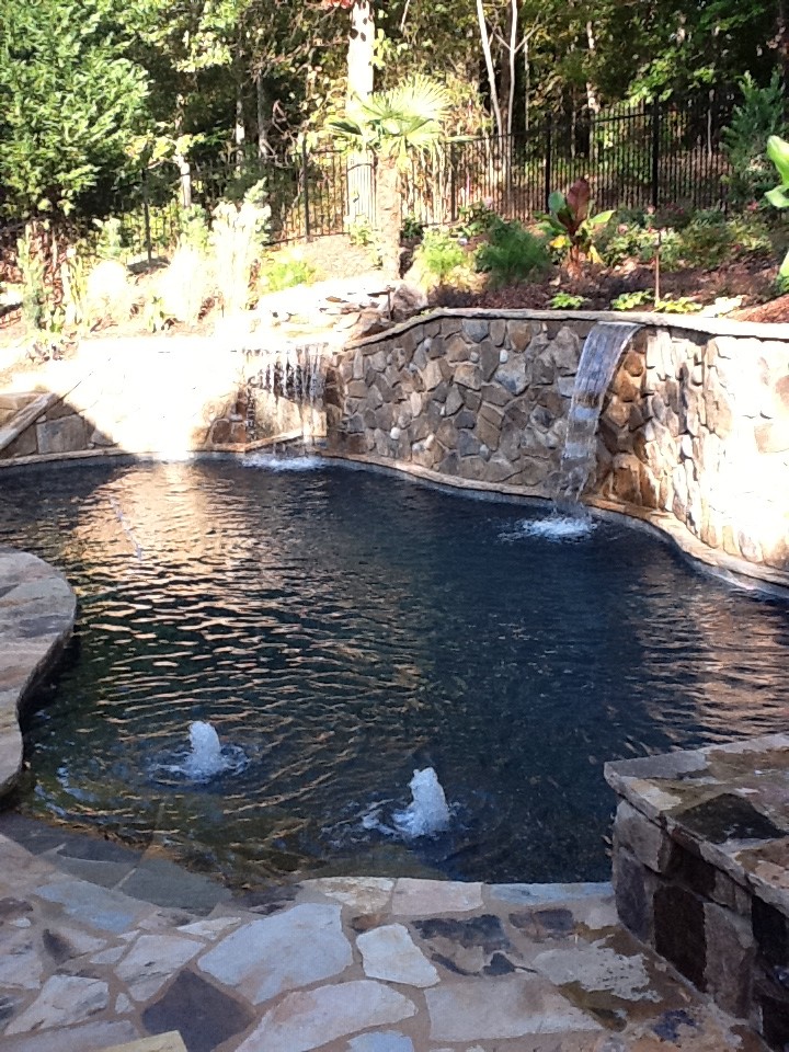 Idee per una piscina naturale tradizionale a "C" di medie dimensioni e dietro casa con una vasca idromassaggio e pavimentazioni in pietra naturale