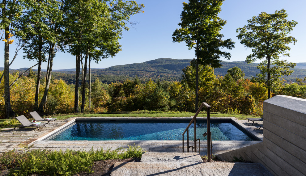 Inspiration for a rustic rectangular pool remodel in Grand Rapids