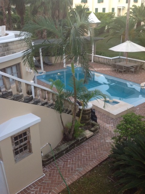 Imagen de piscina infinita tropical grande a medida en patio trasero con adoquines de ladrillo