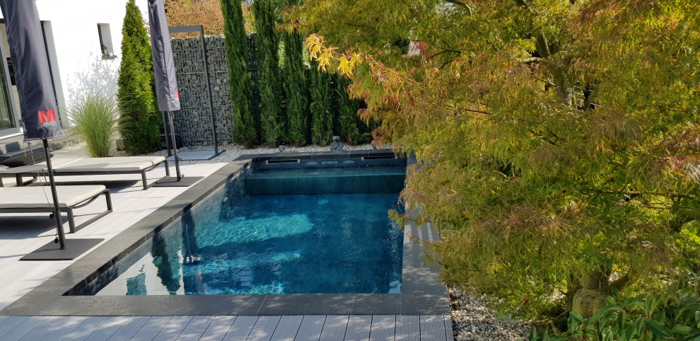 Immagine di una piccola piscina mediterranea rettangolare nel cortile laterale con pavimentazioni in pietra naturale